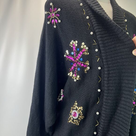 Vintage P’Galli Designs Black Embellished Cardigan Sweater Size Medium 80s 90s - Picture 5 of 9